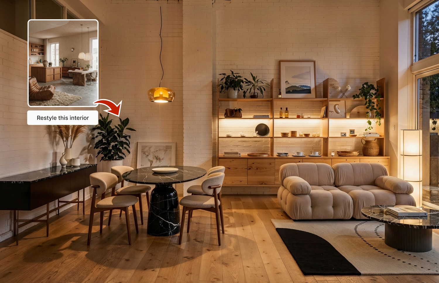 AI interior staging with real furniture and materials